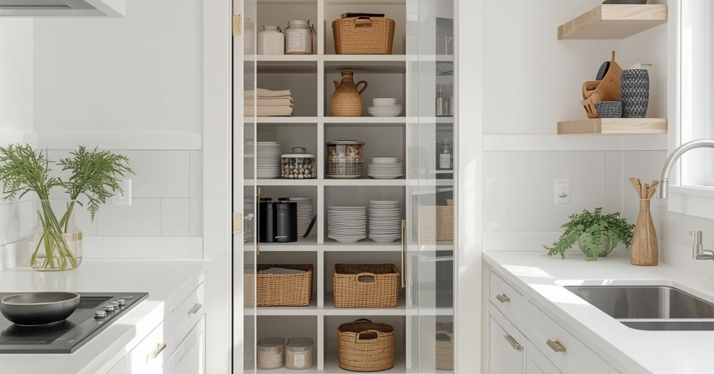 Armário de cozinha organizado com prateleiras, cestos e itens separados por categoria