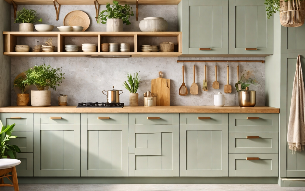 cozinha organizada com prateleiras e utensílios simples