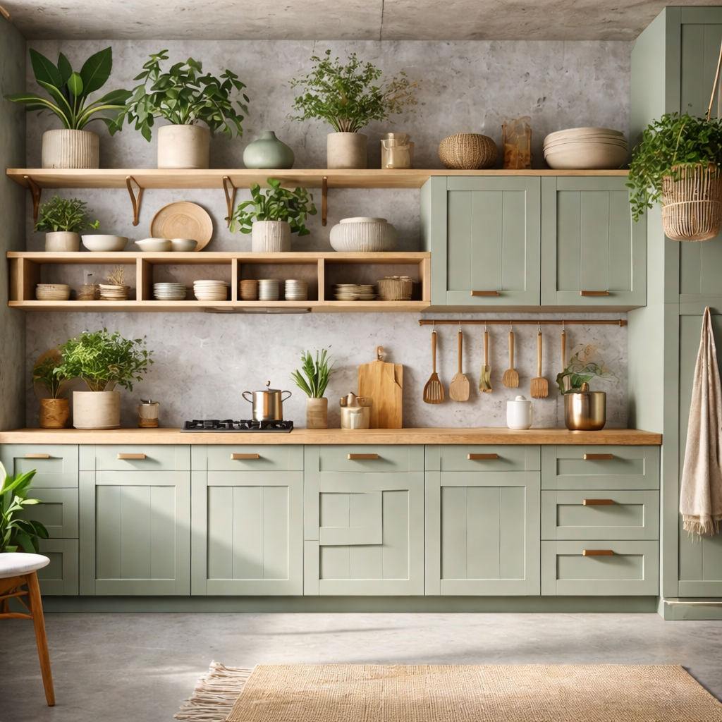 cozinha organizada com prateleiras e utensílios simples