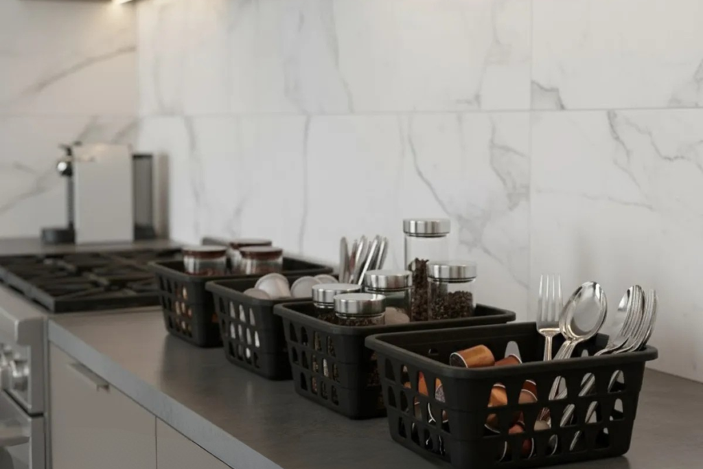 Kit com 10 cestos organizadores de plástico preto para gavetas e armários da cozinha.