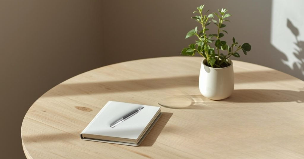 Mesa minimalista com poucos objetos essenciais, representando consumo consciente e escolhas práticas para o dia a dia.