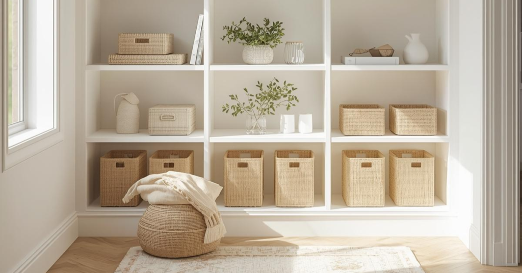 Prateleiras organizadas com poucos objetos essenciais, cestos e espaços vazios que trazem praticidade ao dia a dia.