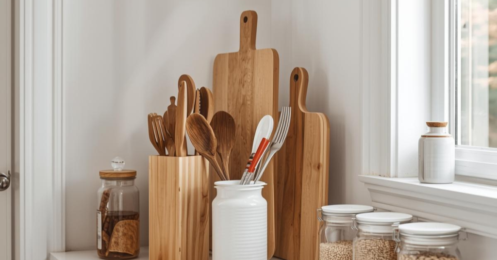 Bancada de cozinha organizada com utensílios de uso diário à vista, tábuas de madeira e potes de vidro, mostrando organização prática no dia a dia.