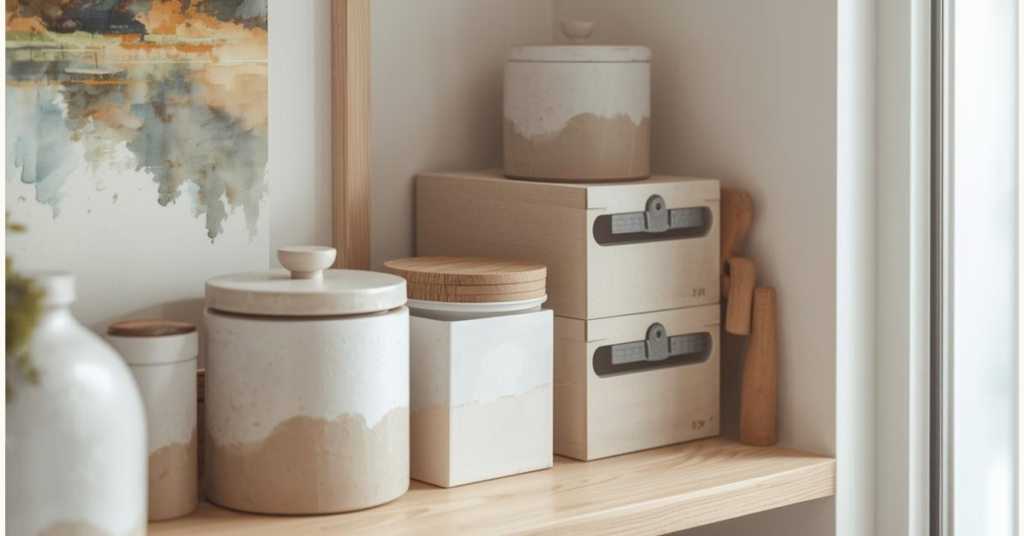 Organizadores e potes neutros organizados em prateleira, facilitando a organização da casa e reduzindo o acúmulo.