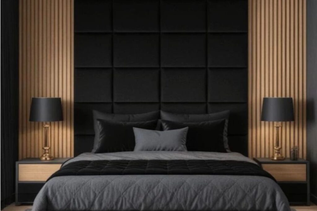 Cabeceira painel estofada até o teto para cama box em quarto moderno