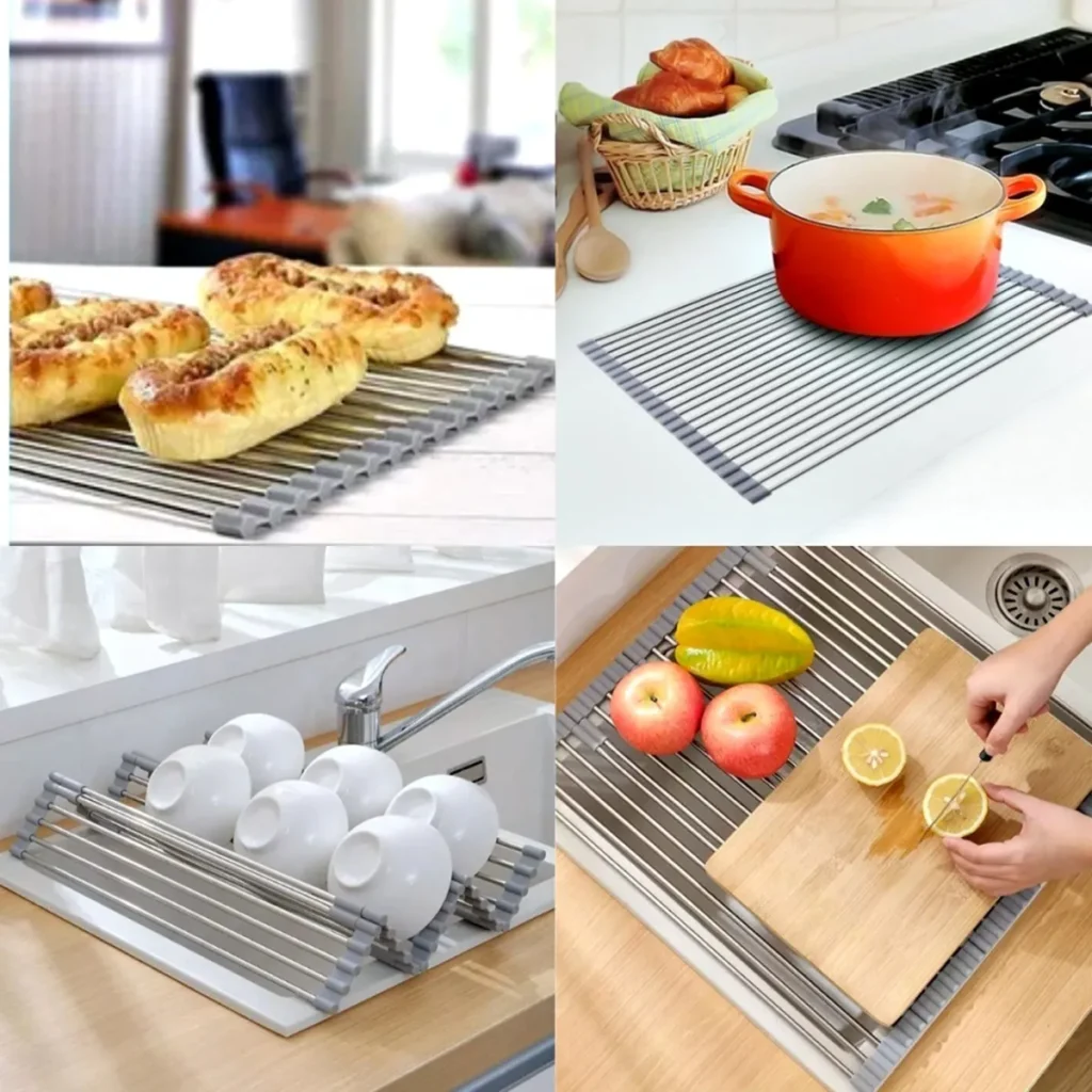 Escorredor esteira de louça flexível e dobrável em inox sobre a pia, ideal para cozinha pequena.