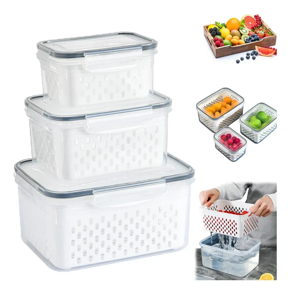 Kit com 3 potes organizadores herméticos para geladeira, com trava nas tampas e cesto interno removível para escorrer alimentos.