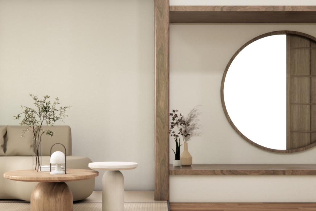 Sala moderna com espelho redondo na parede e decoração minimalista em tons neutros