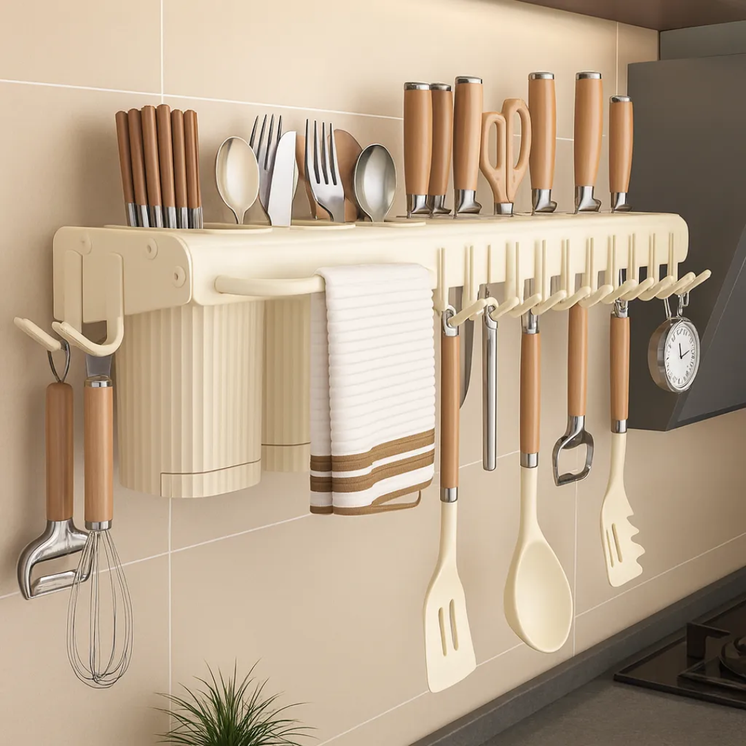 Organizador de parede para cozinha pequena com prateleira e ganchos