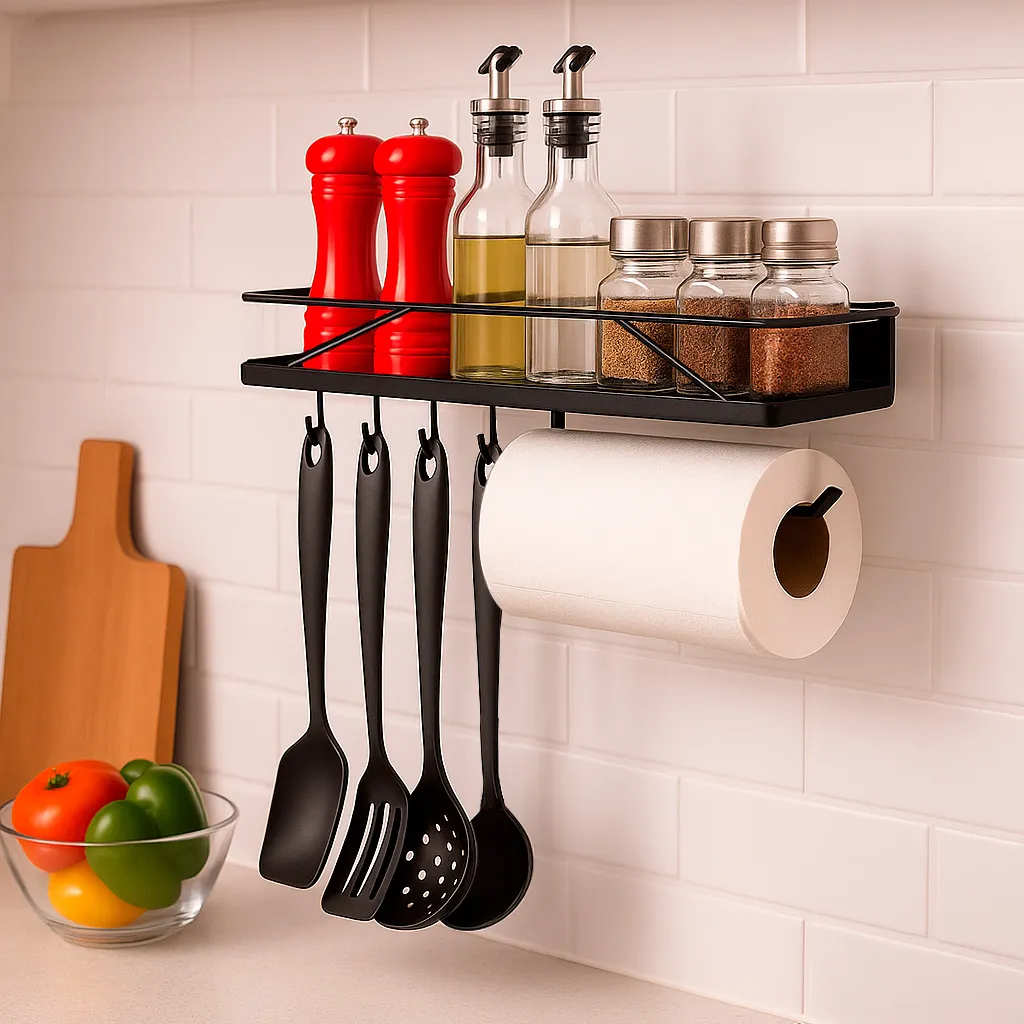 Suporte de prateleira de parede com ganchos e porta-temperos organizando cozinha pequena de forma prática.