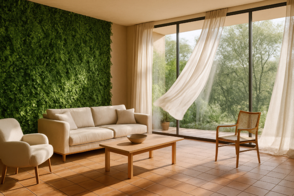 “Janelas abertas permitindo ventilação natural para refrescar a casa em dias quentes e secos.”Por que esse texto é o melhor?