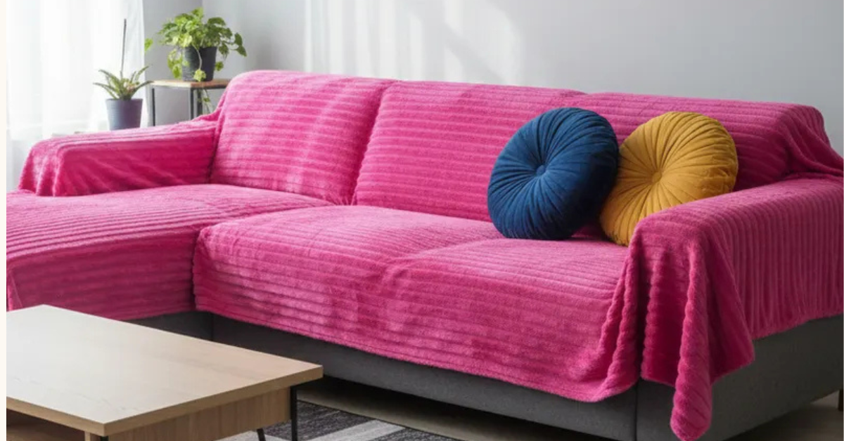Manta para sofá em microfibra rosa usada na decoração da sala