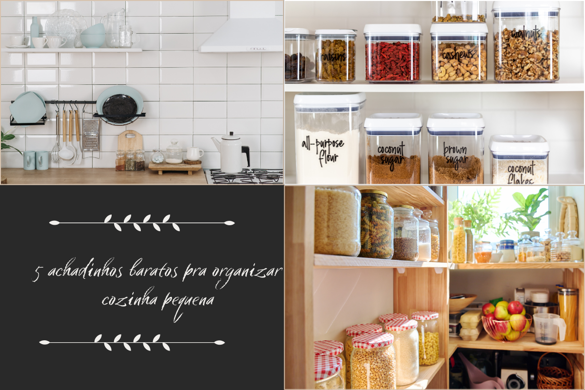 Cozinha pequena organizada com potes, prateleiras e organizadores simples