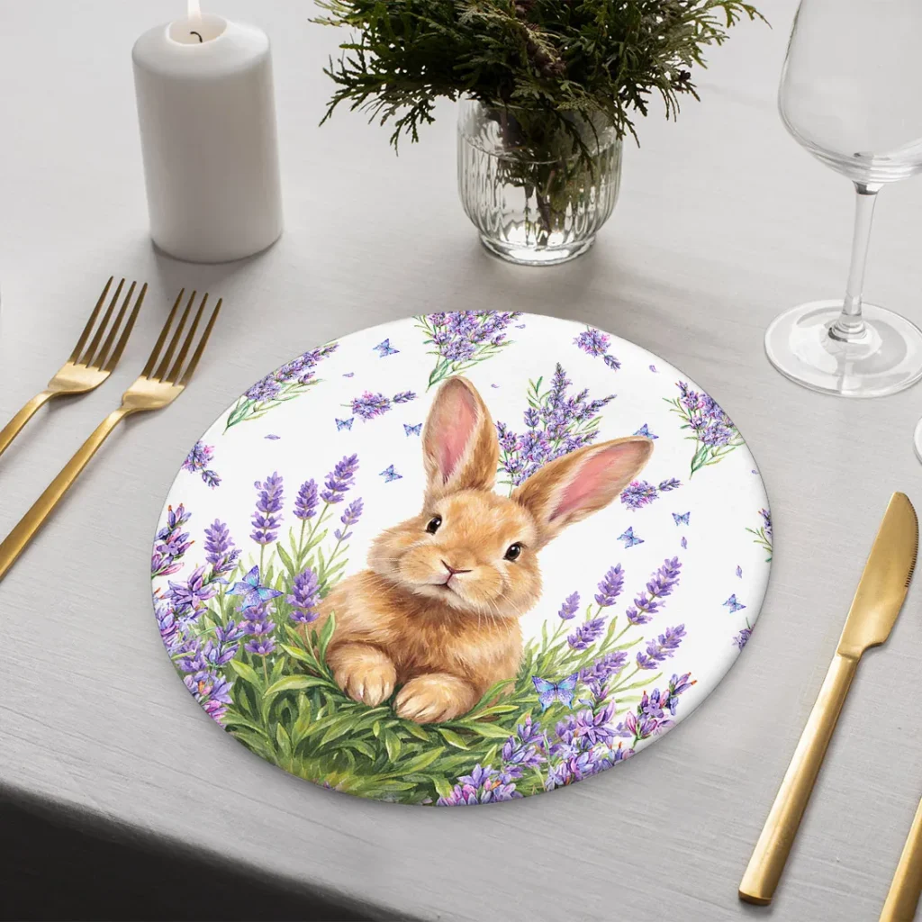 Sousplat decorativo com estampa de coelho e flores, ideal para decoração de mesa temática e datas especiais.