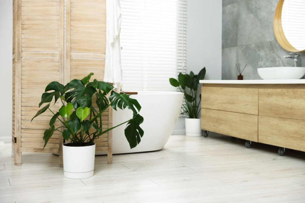 Banheiro moderno com plantas decorativas e acabamento em madeira natural