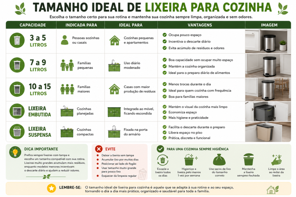 Tabela com o tamanho ideal de lixeira para cozinha, mostrando capacidades, indicações de uso e vantagens de cada modelo.