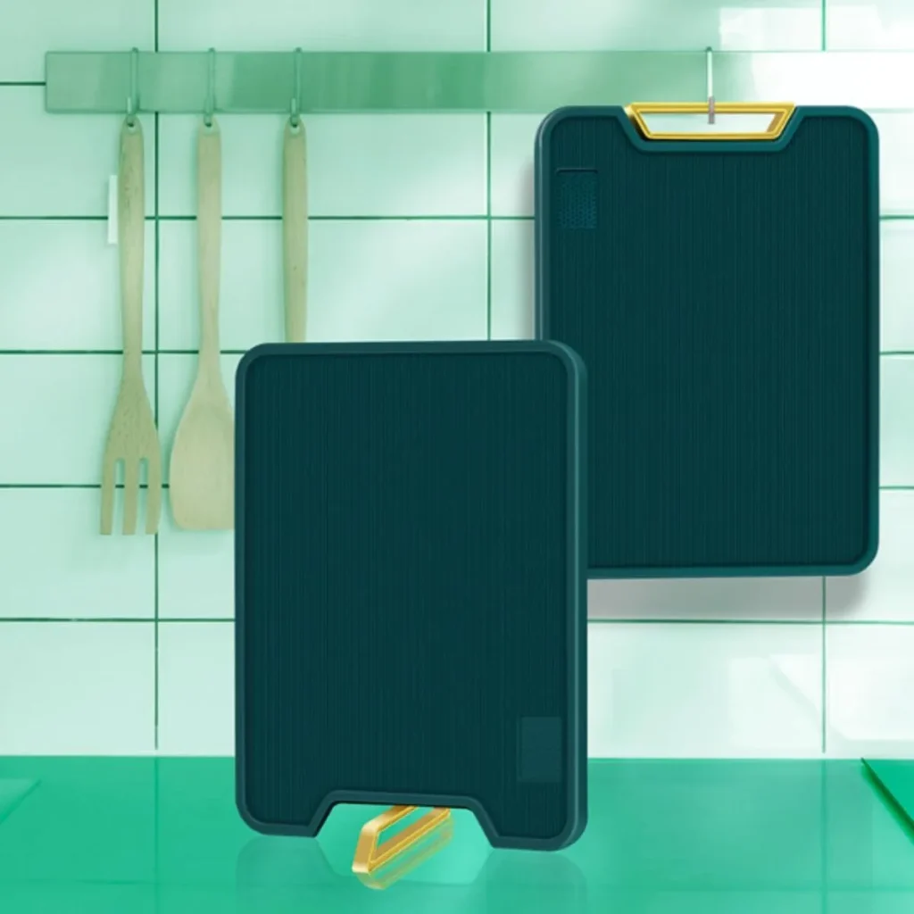 Tábua de corte antibacteriana verde para carnes e legumes, com superfície anti-mofo e suporte vertical para organização da cozinha.