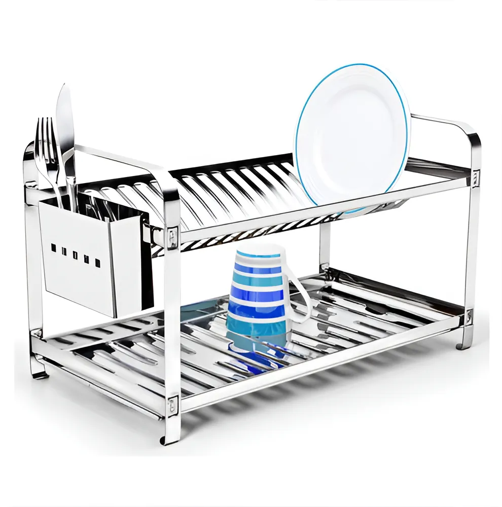 Escorredor de pratos em aço inox com capacidade para 20 pratos e porta-talheres, ideal para organização prática da pia da cozinha.