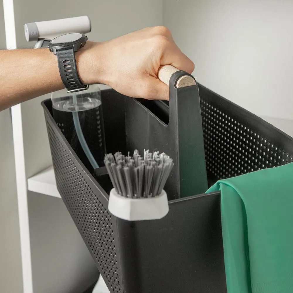 Organizador multiuso para produtos de limpeza com alça ergonômica, ideal para transportar e organizar itens de limpeza no dia a dia.