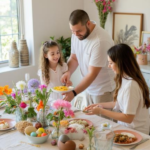 Família celebrando a Páscoa de forma simples em casa com mesa decorada e momento de união