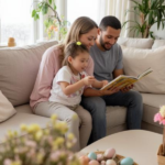 Família ensinando o verdadeiro significado da Páscoa para a criança