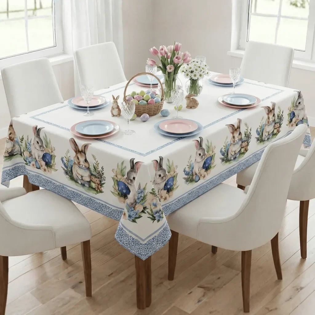 Toalha de mesa de Páscoa estampada para 8 lugares em mesa posta decorada