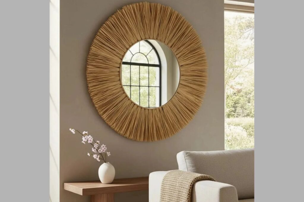 Espelho redondo 80cm com moldura de palha natural estilo boho instalado na parede
