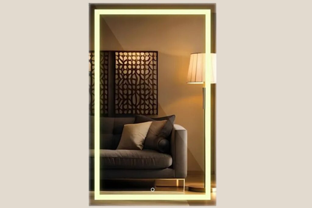 Espelho retangular 100x80 com LED e iluminação em três cores instalado na parede