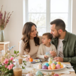 Família reunida celebrando a Páscoa em casa, representando união e momentos especiais entre pais e filhos