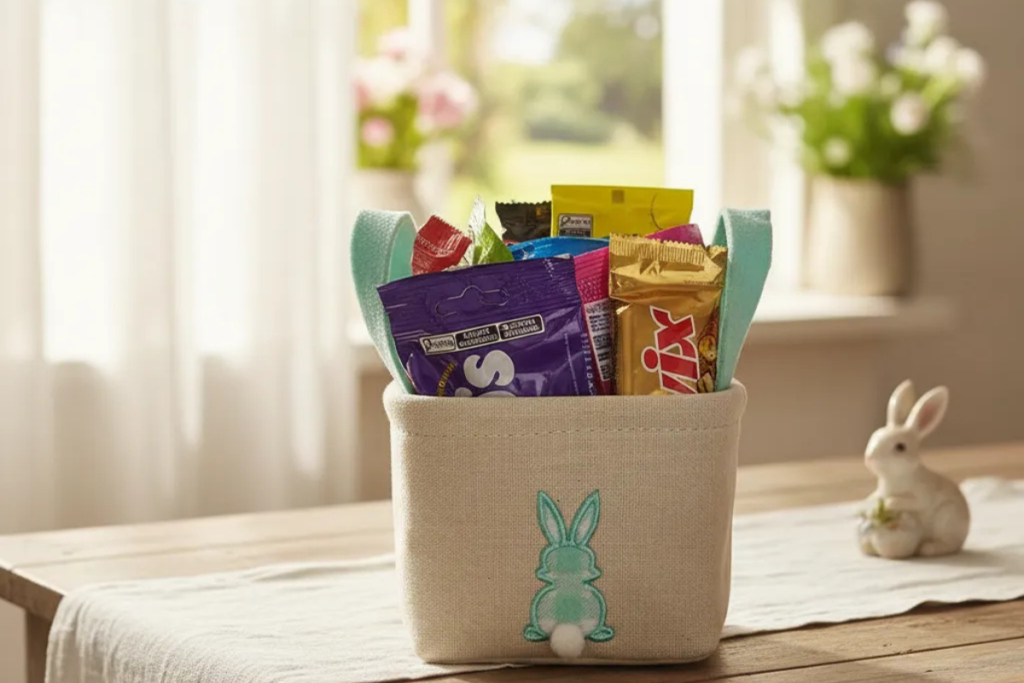 cesta de páscoa infantil para caça aos ovos com chocolates e coelho decorativo