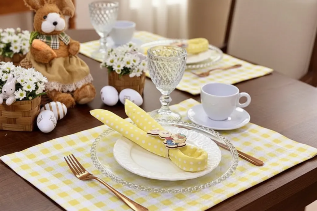 jogo americano de páscoa xadrez amarelo para mesa posta infantil