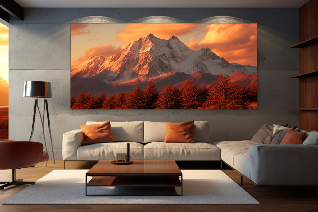 quadro grande decorativo com paisagem de montanha em sala moderna com sofa claro