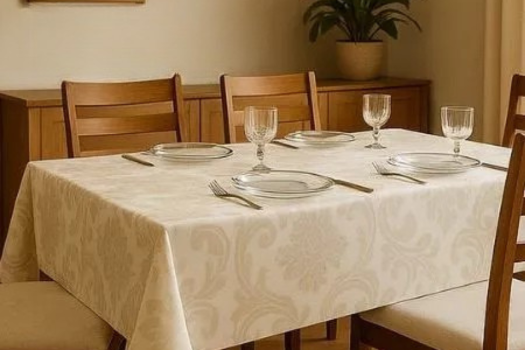 toalha de mesa luxo 6 lugares jacquard bege para mesa posta de páscoa