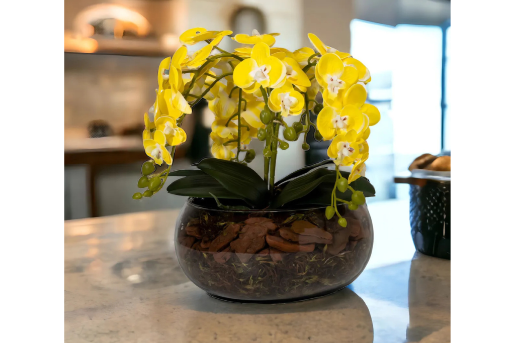 vaso de orquídea amarela artificial para centro de mesa de páscoa elegante