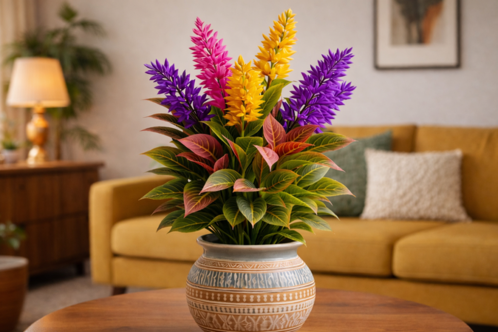 Arranjo de flores artificiais nas cores rosa, amarelo e roxo em vaso decorativo sobre mesa de madeira, com sofá retrô ao fundo