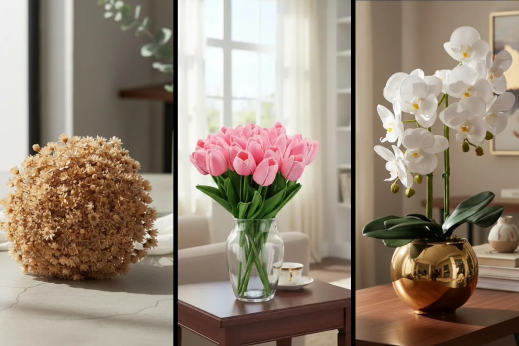 Três arranjos de flores artificiais decorativas: flores secas em vaso neutro, tulipas rosas em vaso de vidro e orquídea branca em vaso dourado