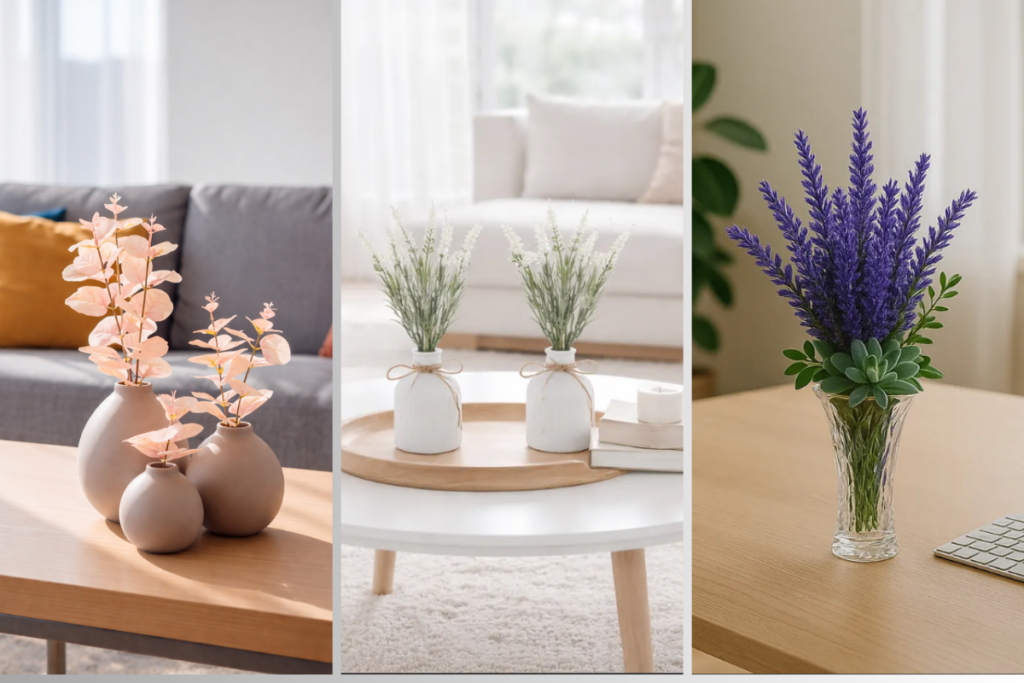 Três arranjos de flores artificiais em vasos decorativos sobre mesas, com estilos moderno, minimalista e elegante
