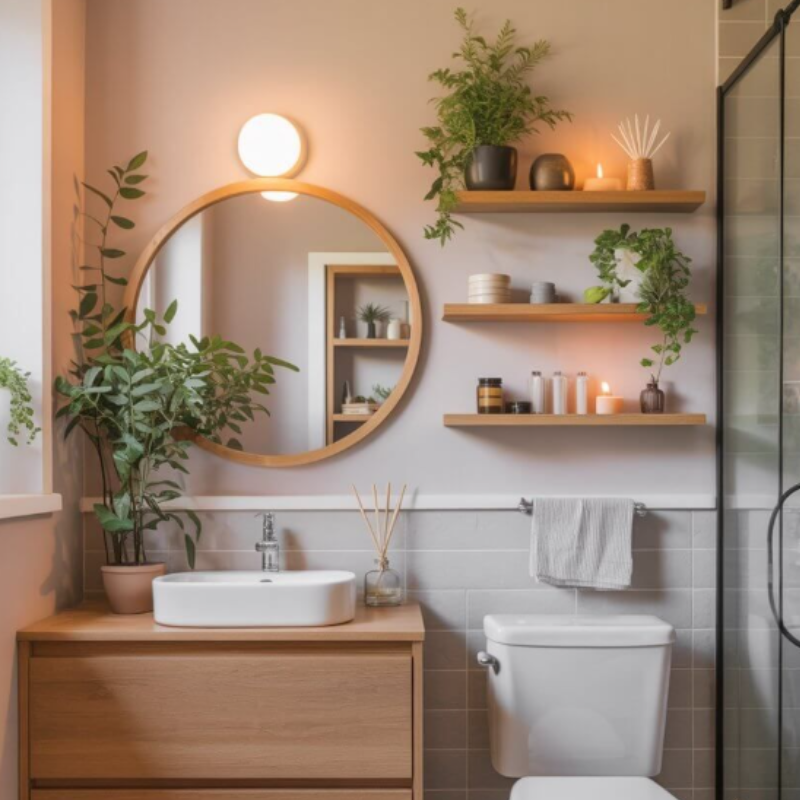 Banheiro moderno com flores artificiais e plantas decorativas sobre bancada e prateleiras