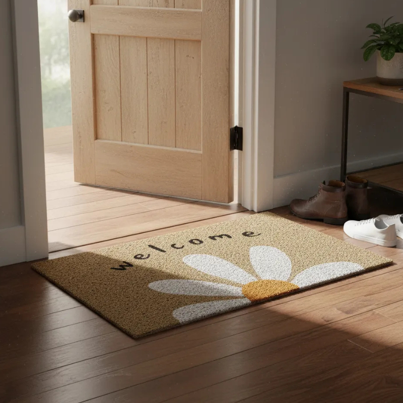 Capacho vinílico para porta de entrada com estampa decorativa e fácil de limpar