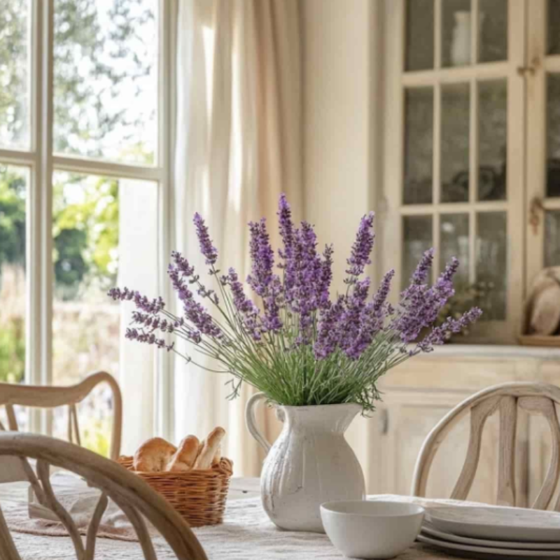 Cozinha clara com flores artificiais roxas em vaso sobre mesa de madeira com luz natural