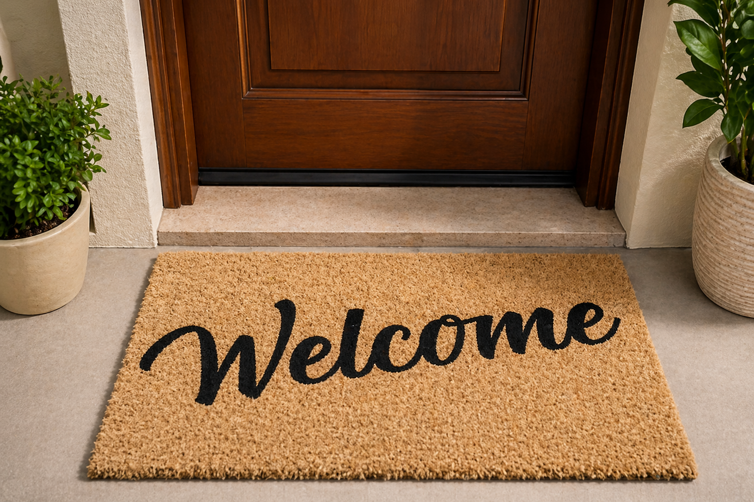 Capacho na porta de entrada com escrita welcome em ambiente residencial