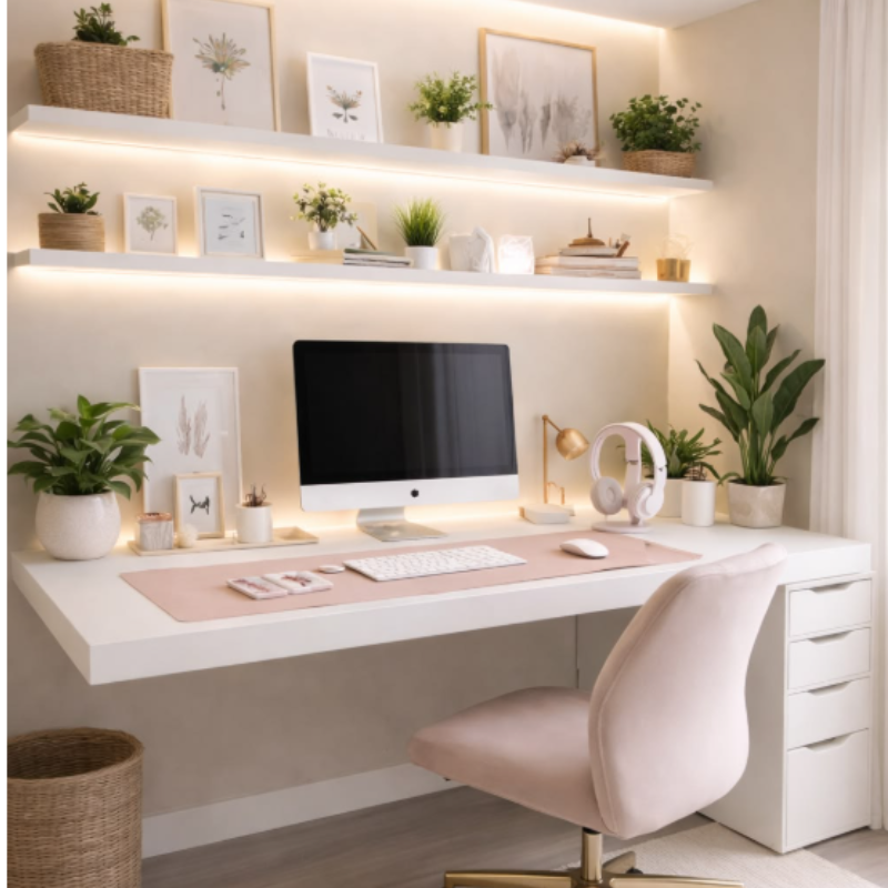 Escritório moderno com flores artificiais e plantas decorativas sobre mesa e prateleiras organizadas