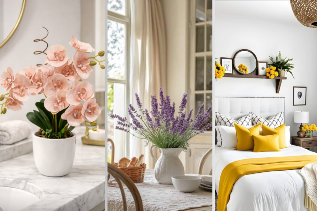 Arranjos de flores artificiais decorando sala, cozinha e banheiro em diferentes estilos de ambiente