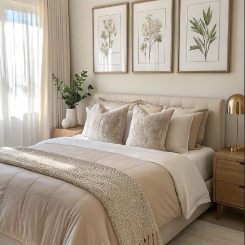 Quarto em tons neutros com flores artificiais em vaso sobre mesa lateral, criando ambiente calmo e acolhedor