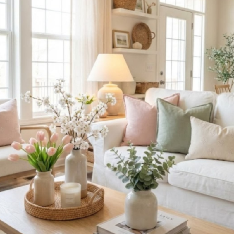Sala de estar decorada com flores artificiais em mesa de centro, sofá claro e almofadas em tons suaves