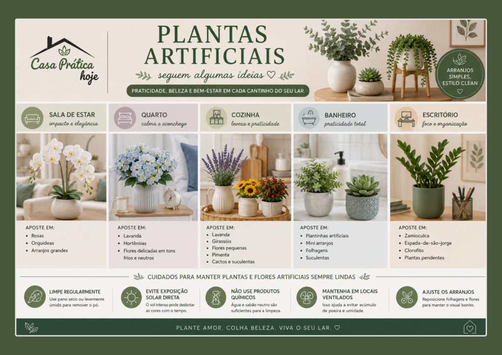 Infográfico com sugestões de plantas artificiais para decorar sala, quarto, cozinha, banheiro e escritório.