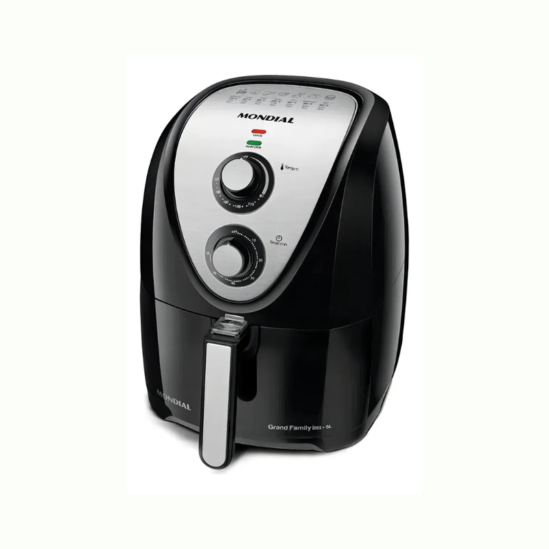 Air fryer Mondial Grand Family Inox AFN-50 preta com detalhes em inox e cesto removível