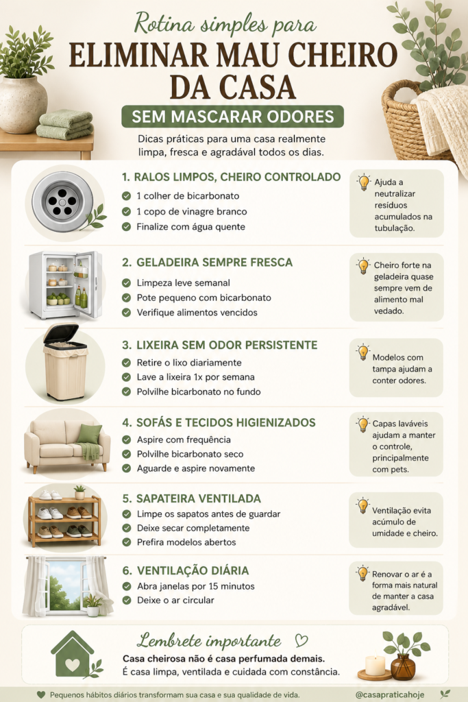 Guia imprimível com dicas para eliminar mau cheiro da casa sem mascarar odores, incluindo ralos, geladeira, lixeira, estofados e ventilação diária.