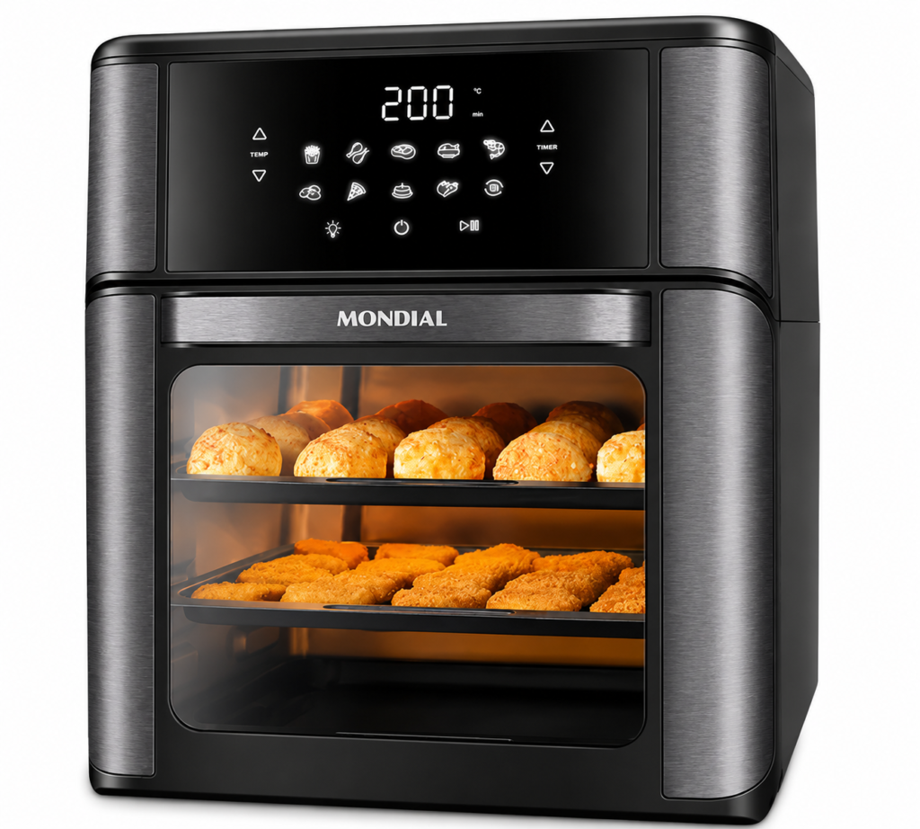 Air fryer Mondial Oven 12 litros com painel digital e visor frontal preparando alimentos