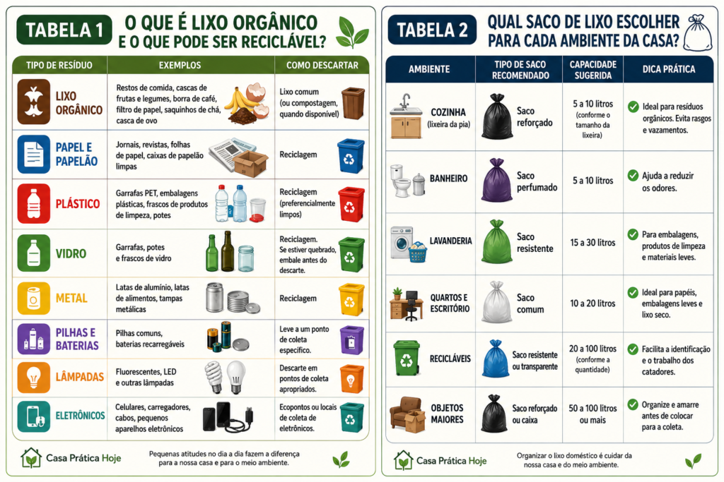 Tabela com guia de separação do lixo doméstico e tipos de sacos de lixo recomendados para cada ambiente da casa.